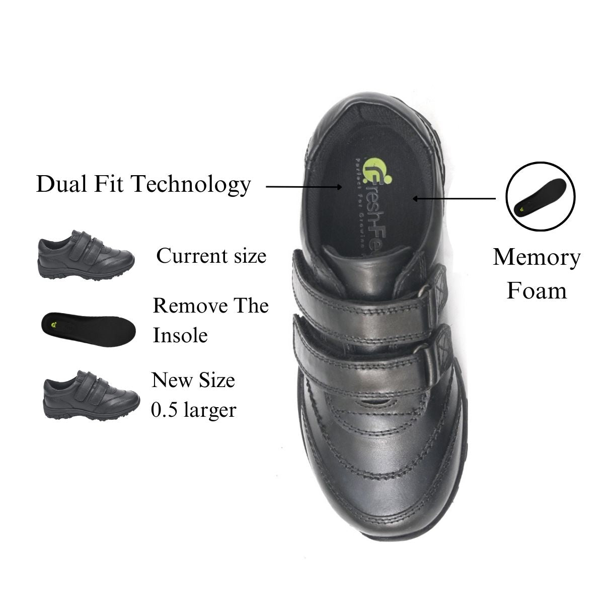 CHARLIE Genuine Leather Black Dual Size technology School Shoes