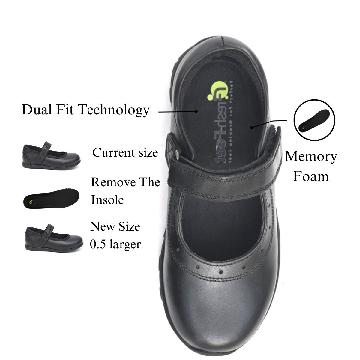 CLARA Genuine Leather Black Dual Size technology School Shoes