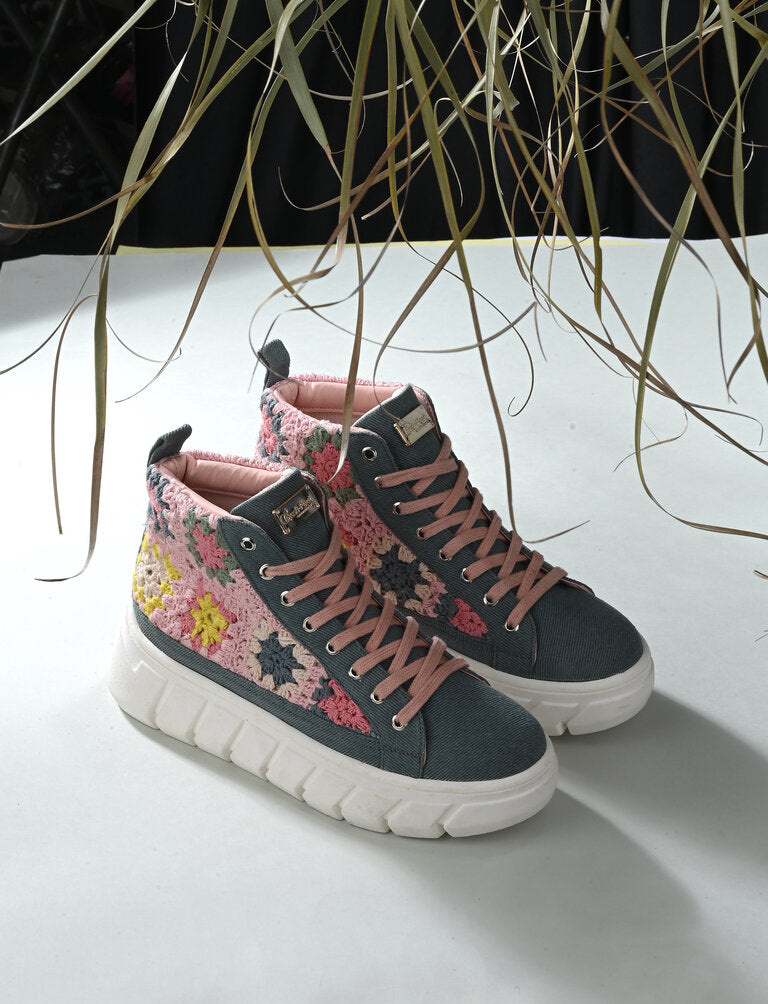 Senorita Grey Denim Floral Shoes For Women
