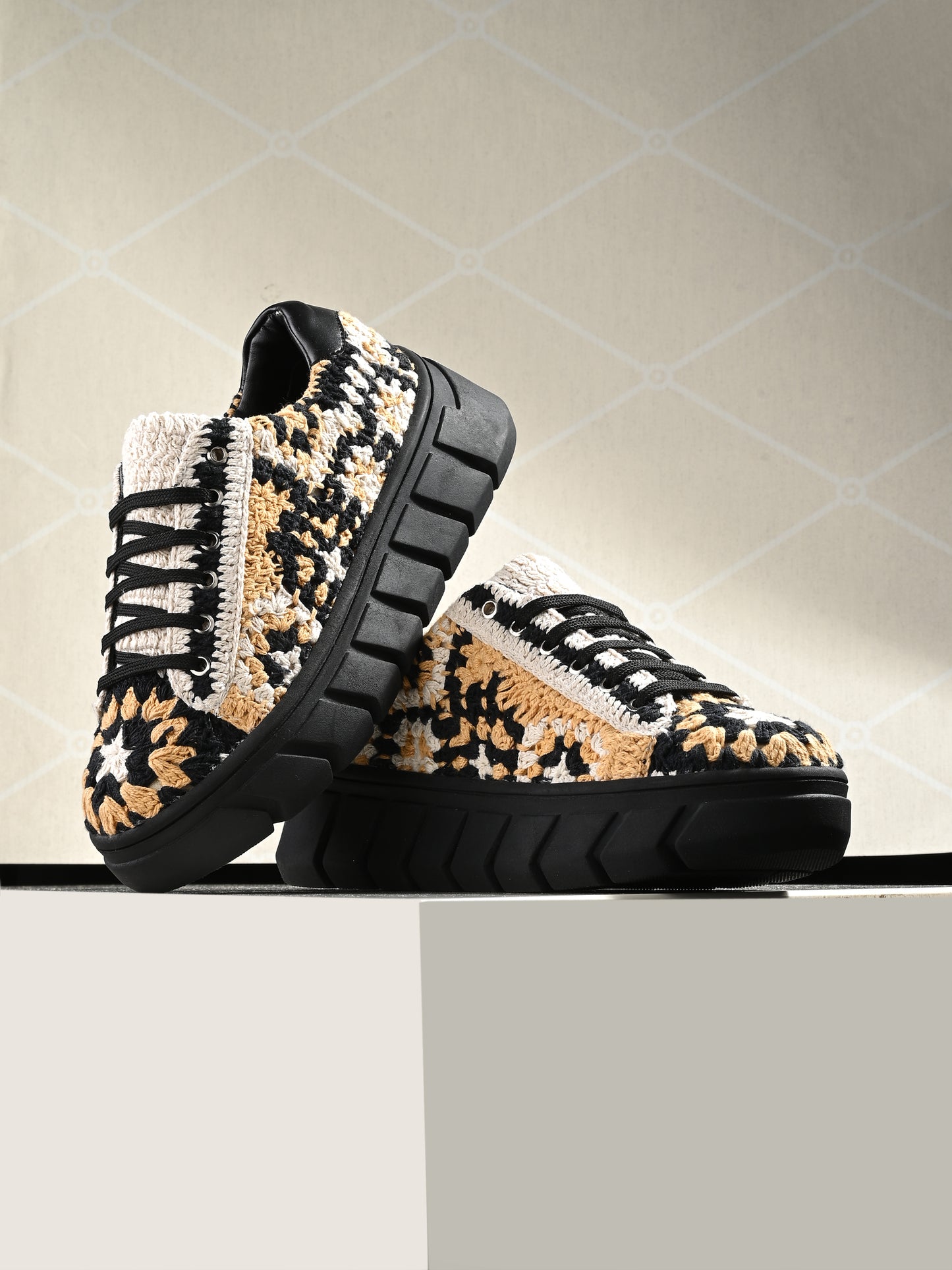 Women's Austria Yellow Black Crochet Sneakers