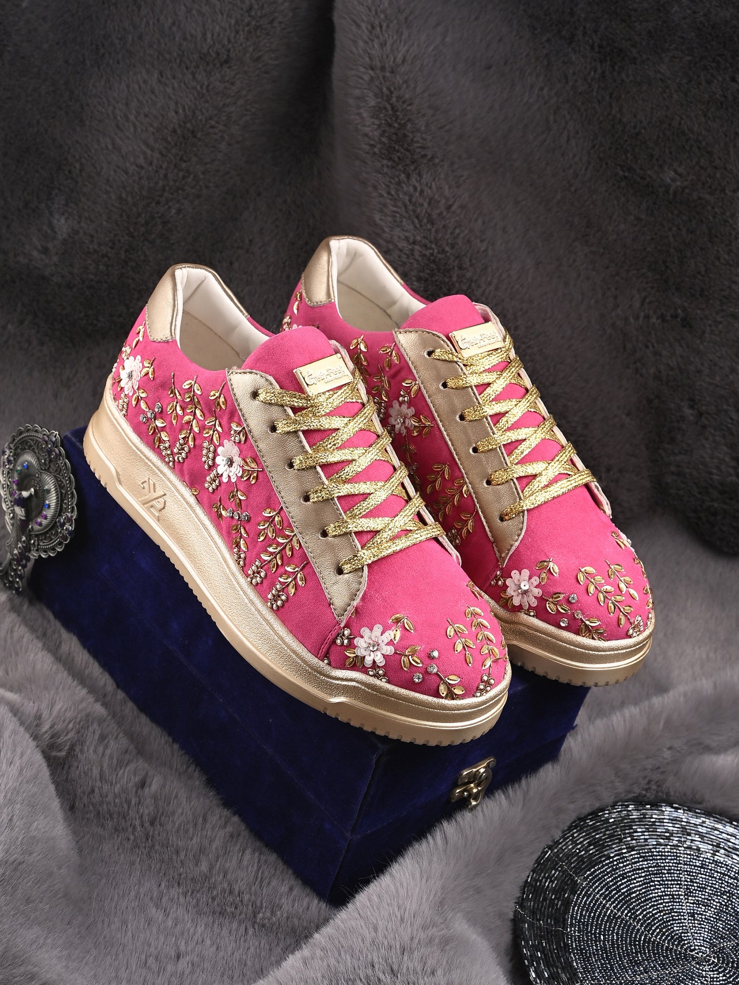 Fuscia Embroidered Customized Ethnic Sneakers