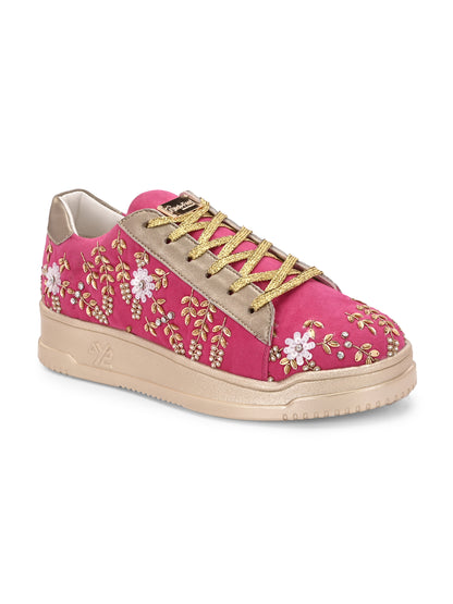 Fuscia Embroidered Customized Ethnic Sneakers
