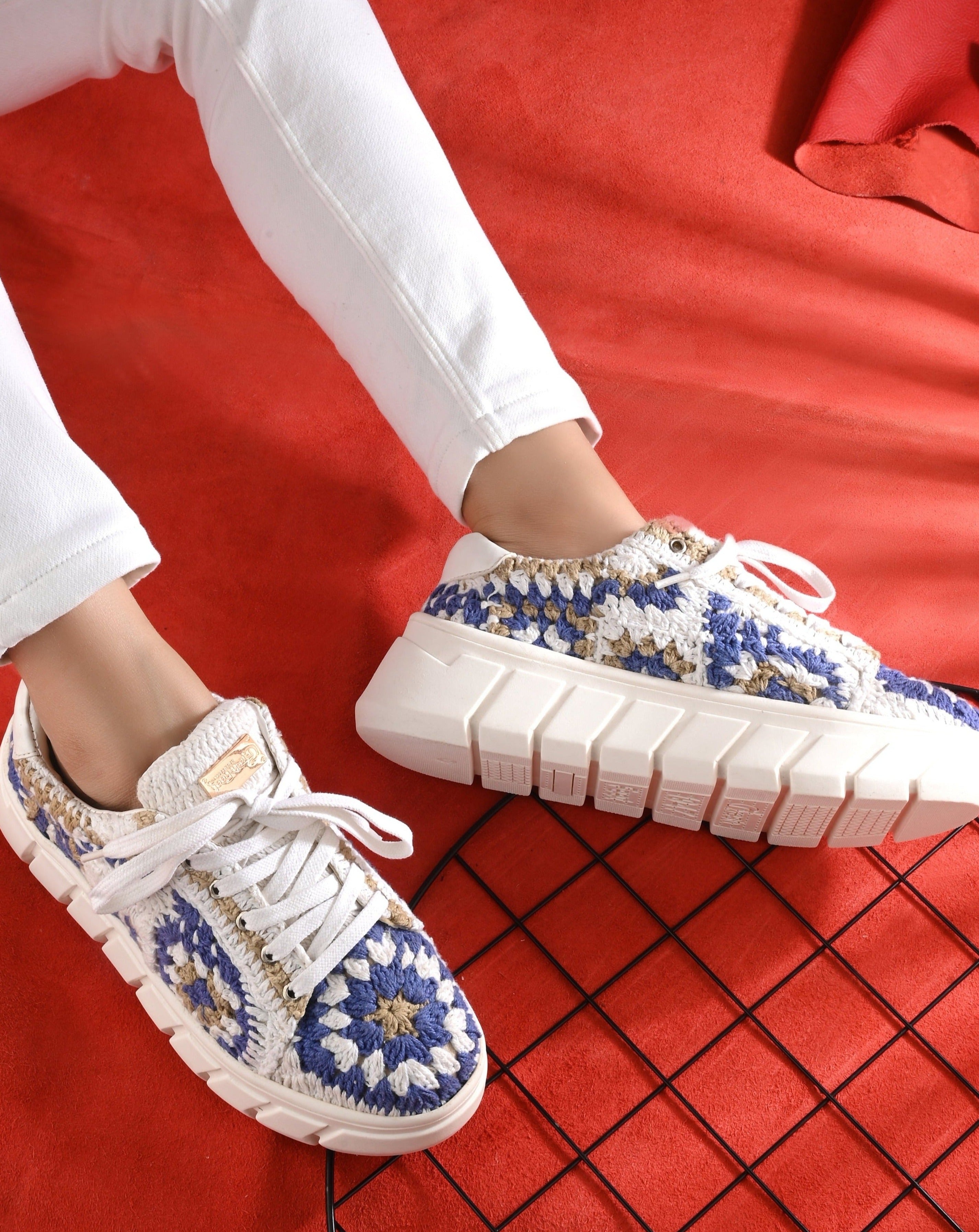 Women s Austria Blue Gold Crochet Sneakers