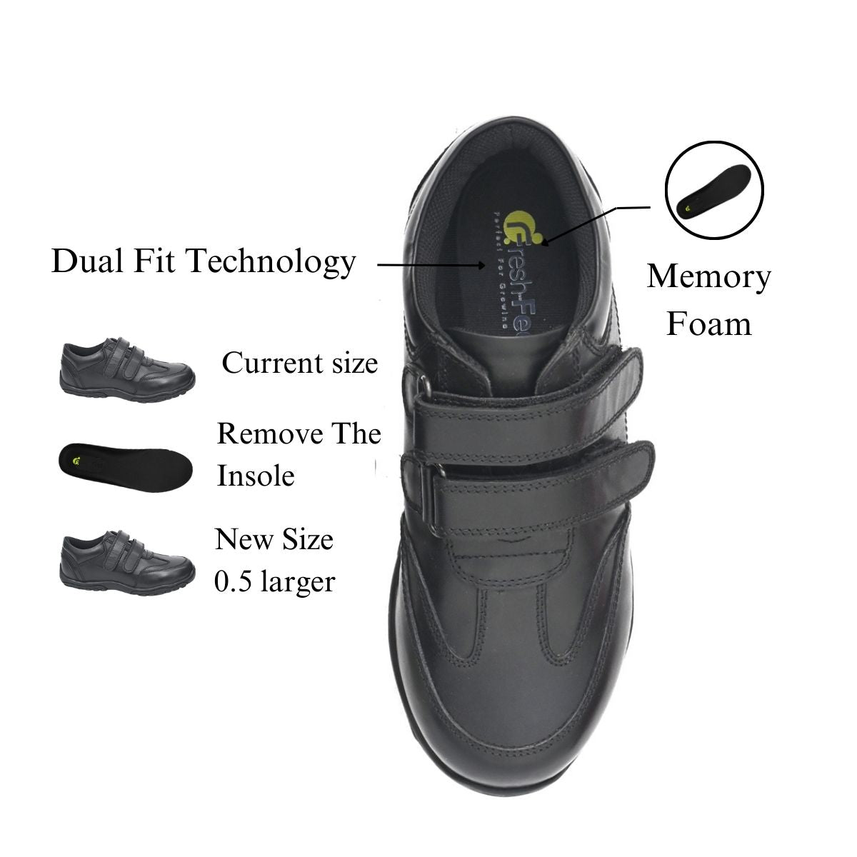 FRANKY Genuine Leather Black Dual Size technology School Shoes