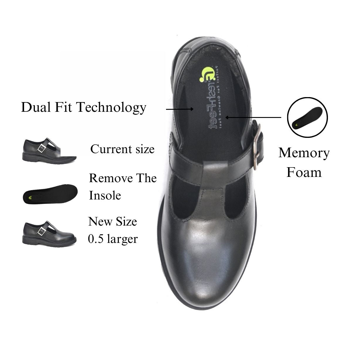 LUNA Genuine Leather Black Dual Size technology School Shoes