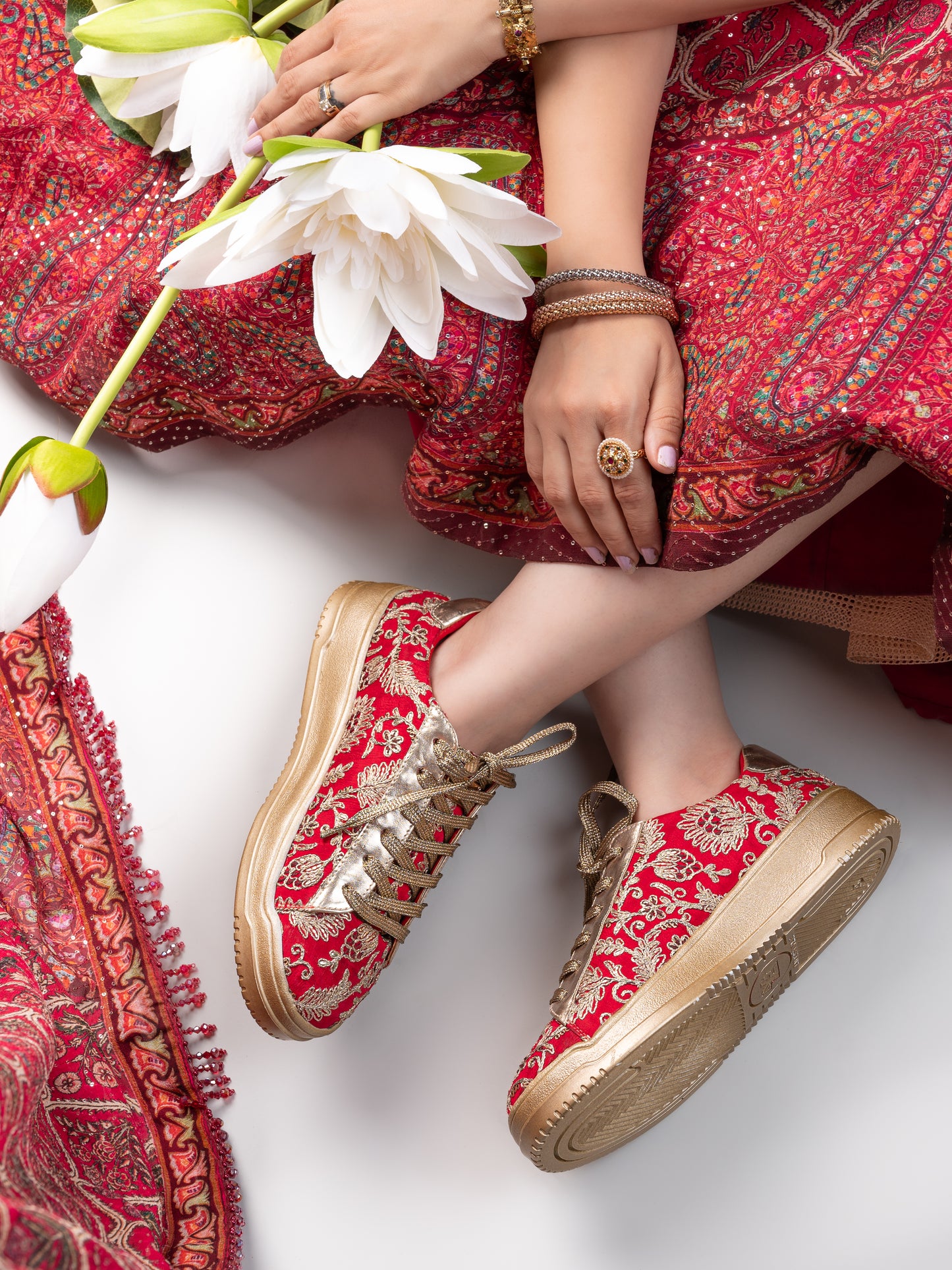 Red & Gold Customized Ethnic Sneakers