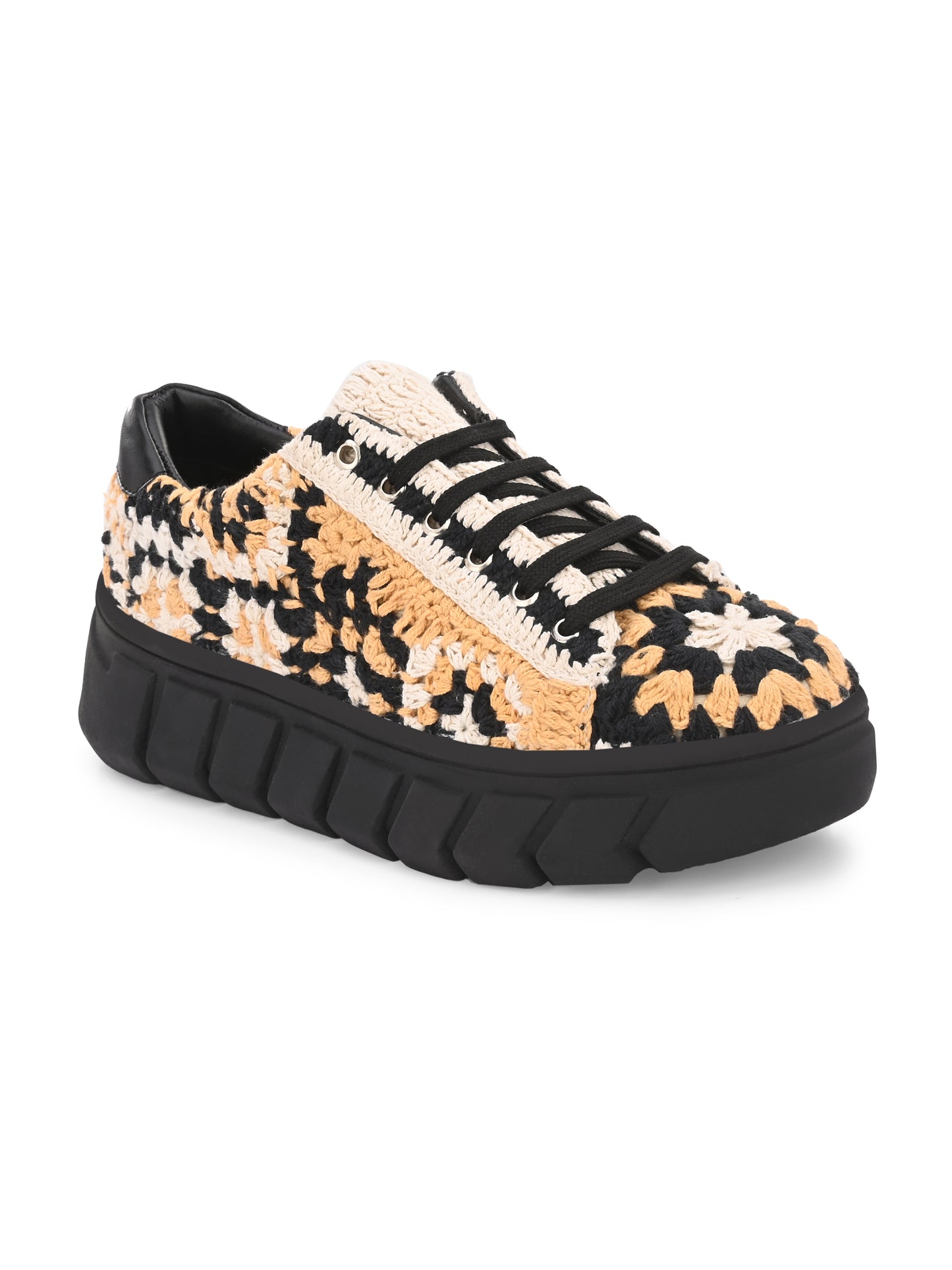 Women's Austria Yellow Black Crochet Sneakers