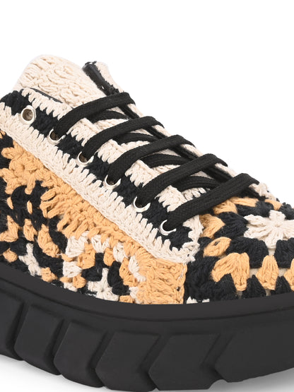 Women's Austria Yellow Black Crochet Sneakers