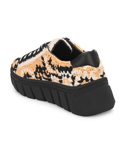 Women's Austria Yellow Black Crochet Sneakers