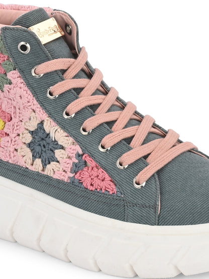 Senorita Grey Denim Floral Shoes For Women