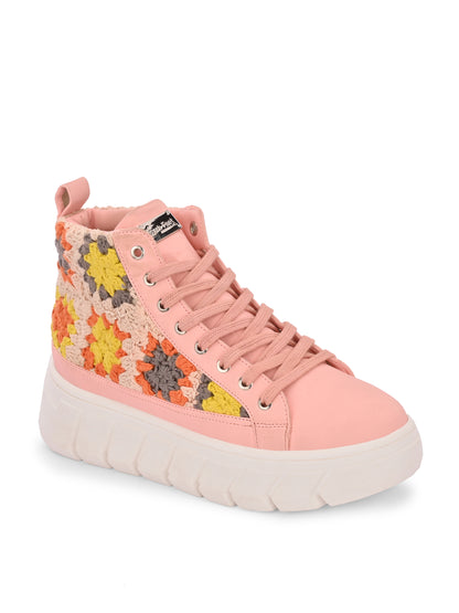 Women's Senorita Pink Pu Floral Crochet Sneakers