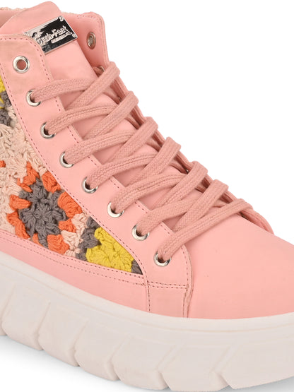 Women's Senorita Pink Pu Floral Crochet Sneakers