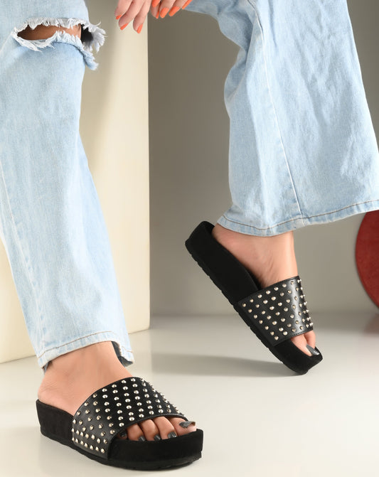 Hazel Black Orthopedic Sliders For Women