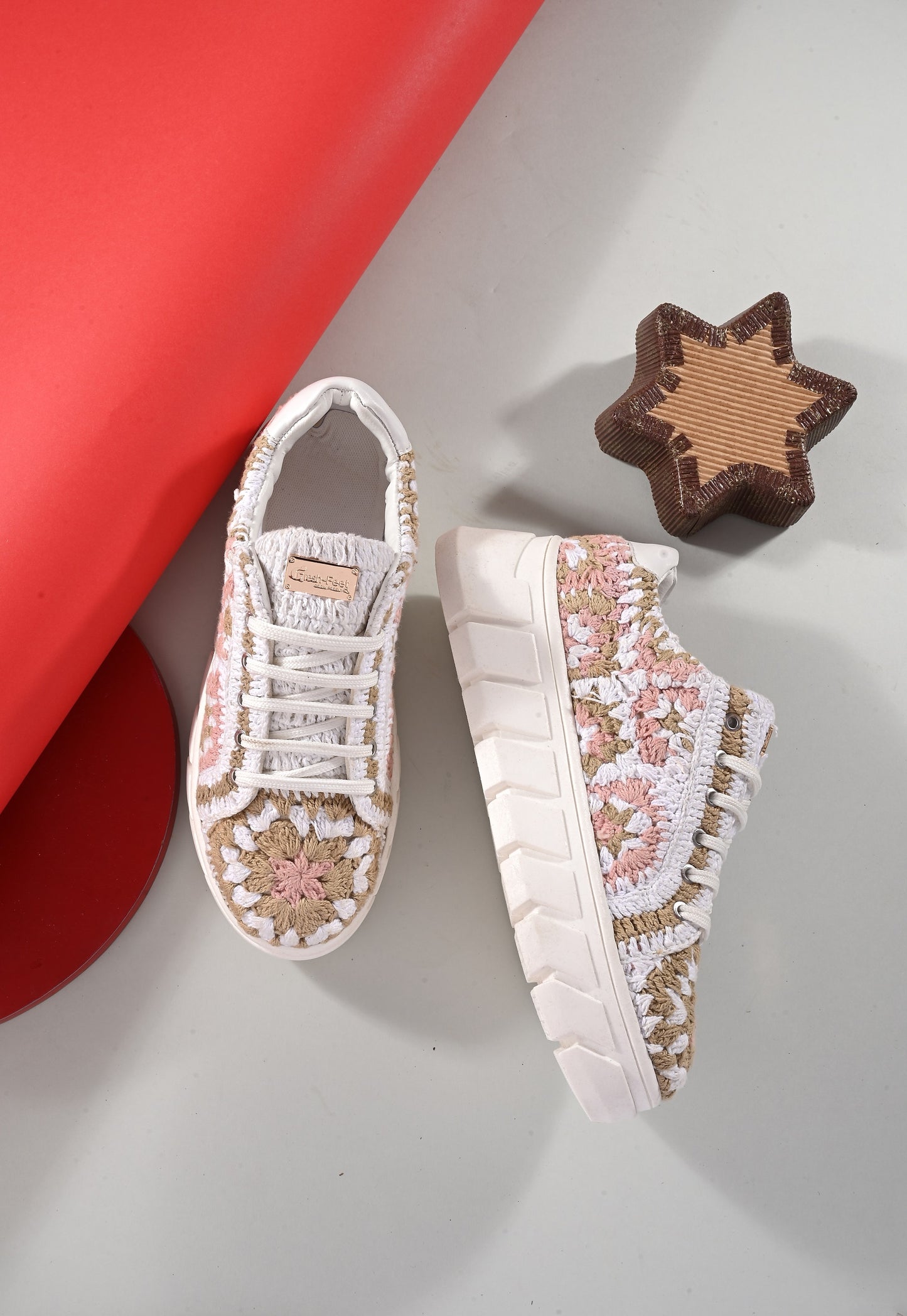 Women's Austria Pink White Gold Crochet Sneakers