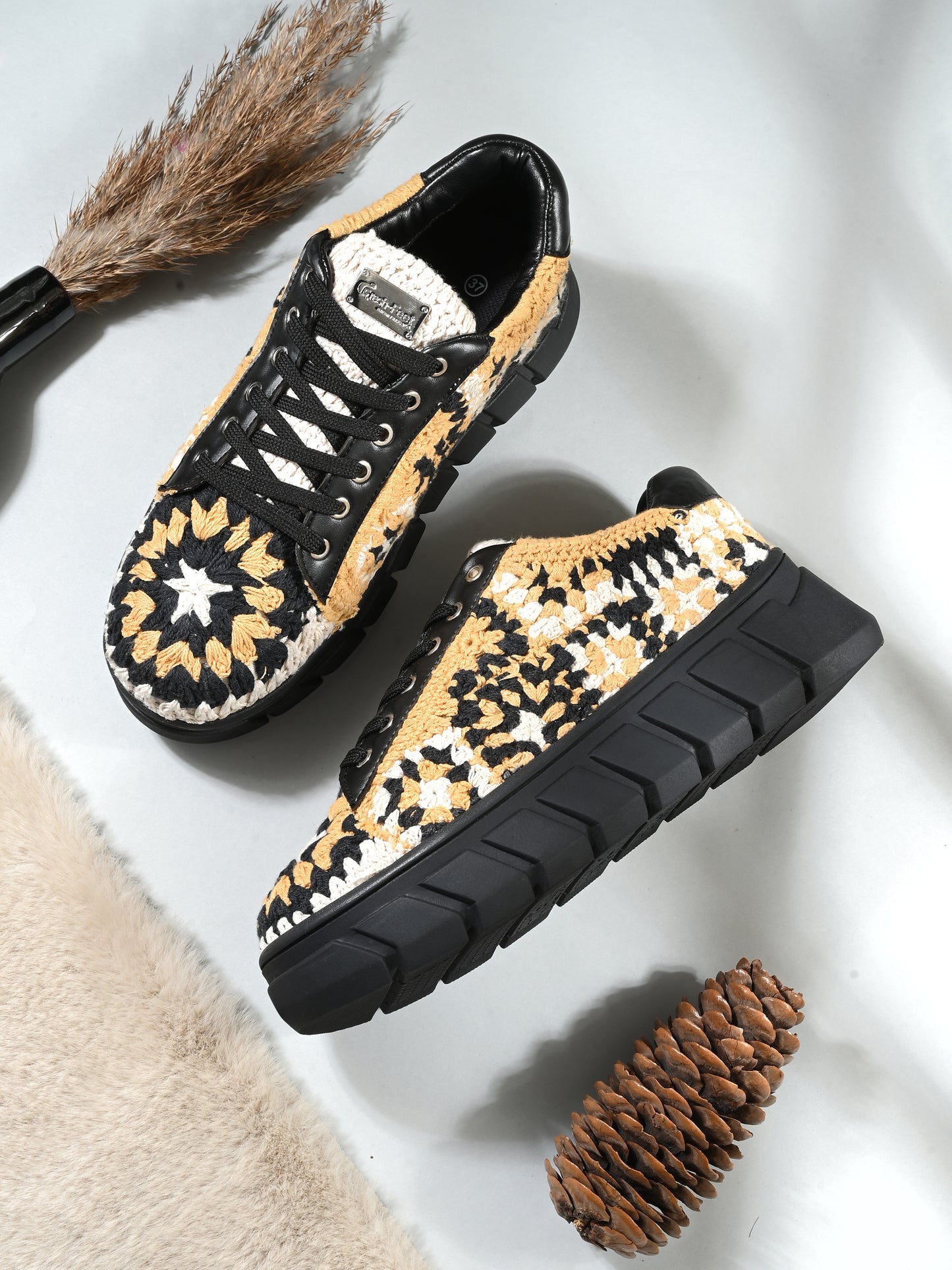 Women's Austria Yellow Black Crochet Sneakers