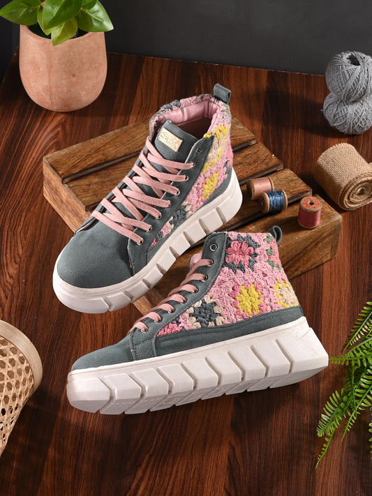 Women's Senorita Grey Denim Floral Crochet Sneakers