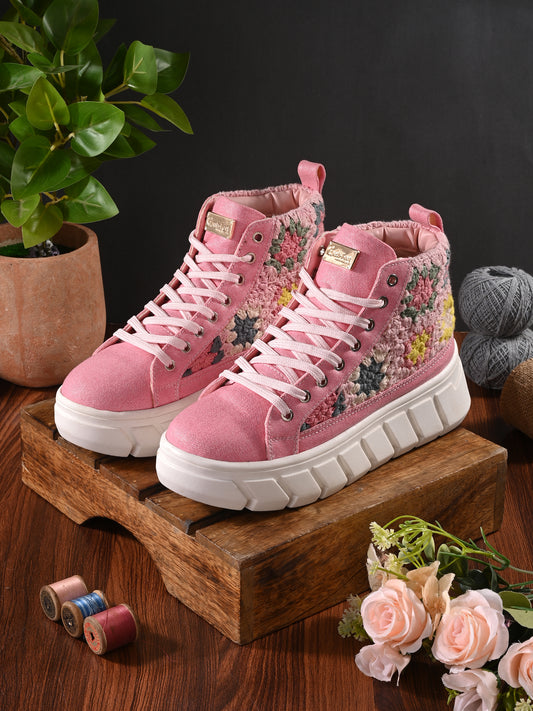 Women's Senorita Pink Canvas Floral  Crochet Sneakers
