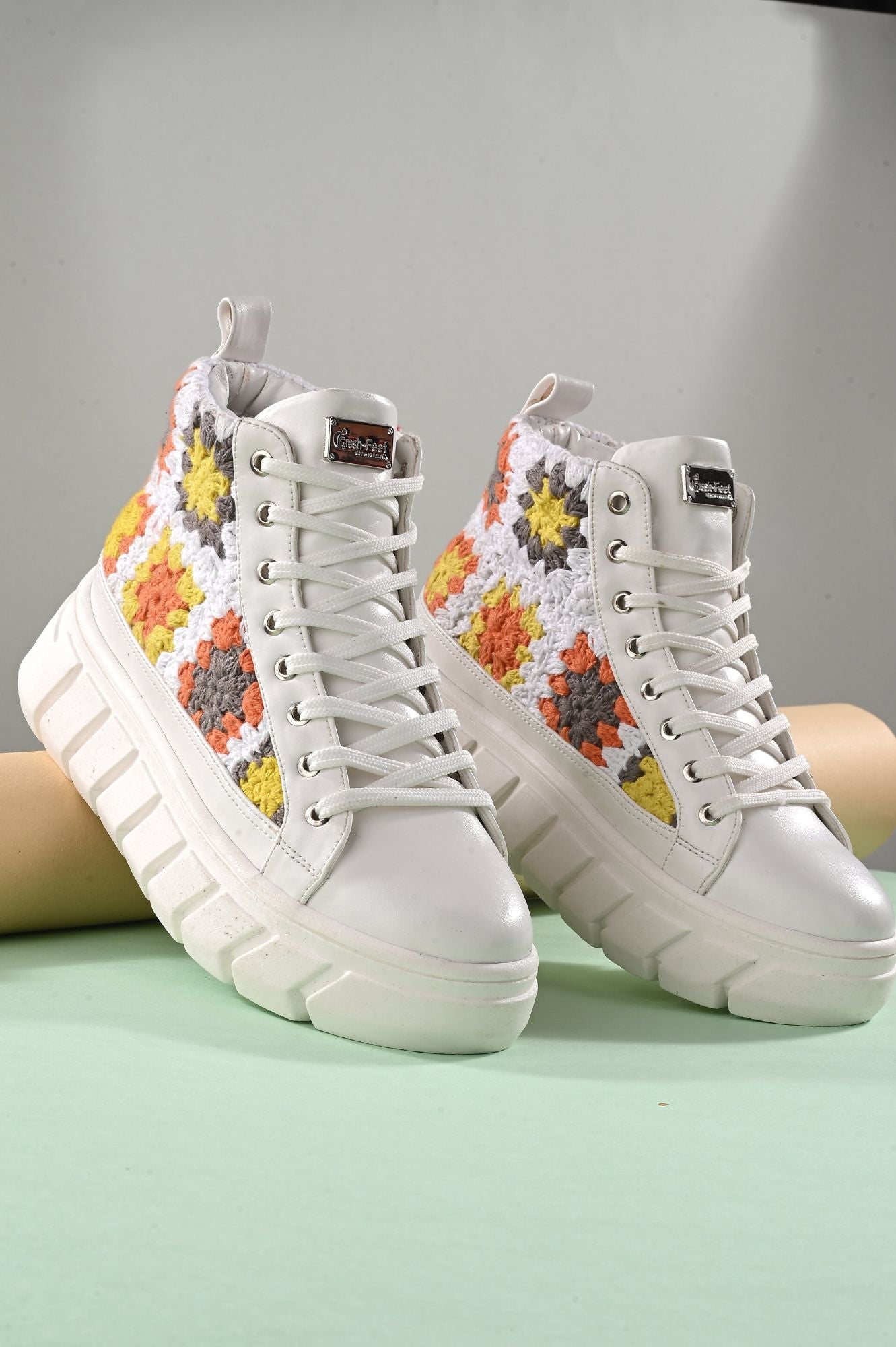 Women's Senorita White Pu Floral Crochet Sneakers