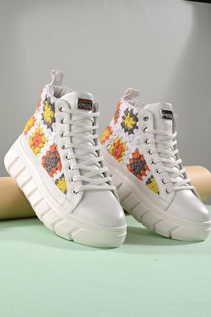 Women's Senorita White Pu Floral Crochet Sneakers