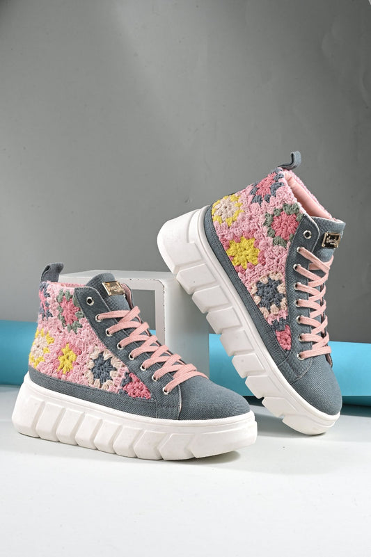 Women's Senorita Grey Denim Floral Crochet Sneakers