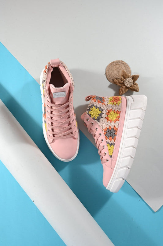 Women's Senorita Pink Pu Floral Crochet Sneakers