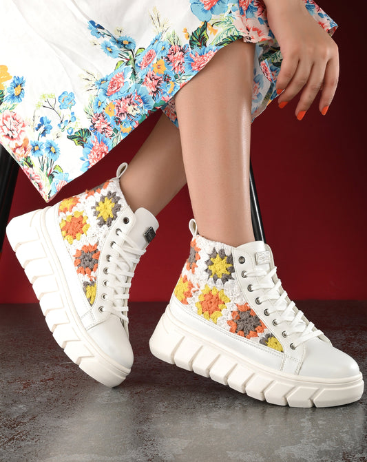 Women's Senorita White Pu Floral Crochet Sneakers